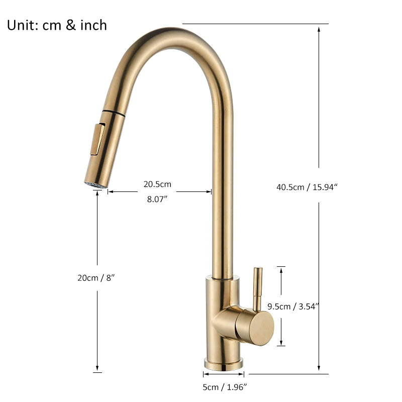 Quyanre Brushed Gold Kitchen Faucet Pull Out Kitchen Sink Water Tap