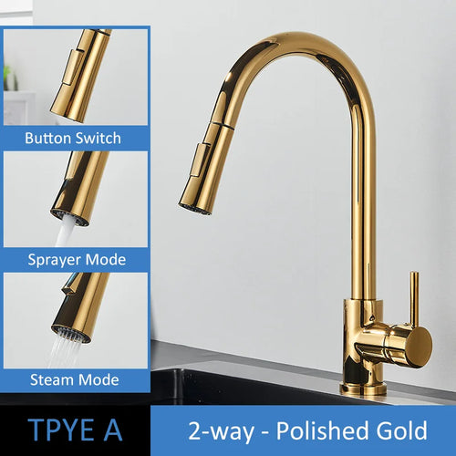 Quyanre Brushed Gold Kitchen Faucet Pull Out Kitchen Sink Water Tap