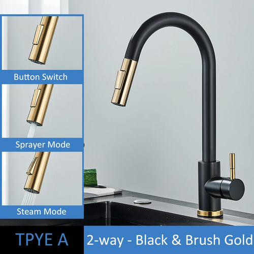 Quyanre Brushed Gold Kitchen Faucet Pull Out Kitchen Sink Water Tap