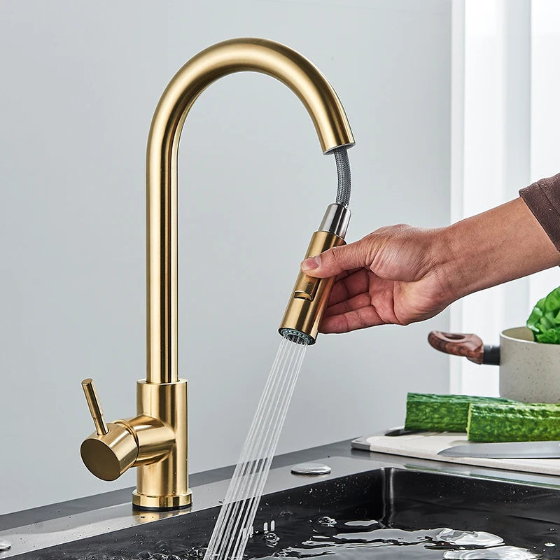 Quyanre Brushed Gold Kitchen Faucet Pull Out Kitchen Sink Water Tap