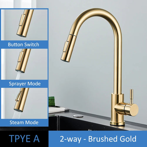 Quyanre Brushed Gold Kitchen Faucet Pull Out Kitchen Sink Water Tap