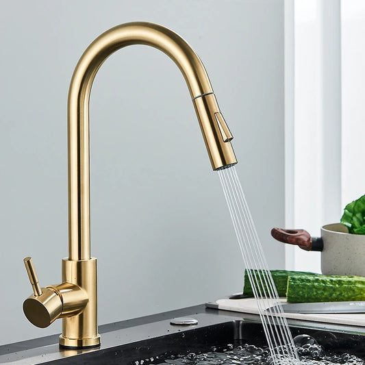 Quyanre Brushed Gold Kitchen Faucet Pull Out Kitchen Sink Water Tap